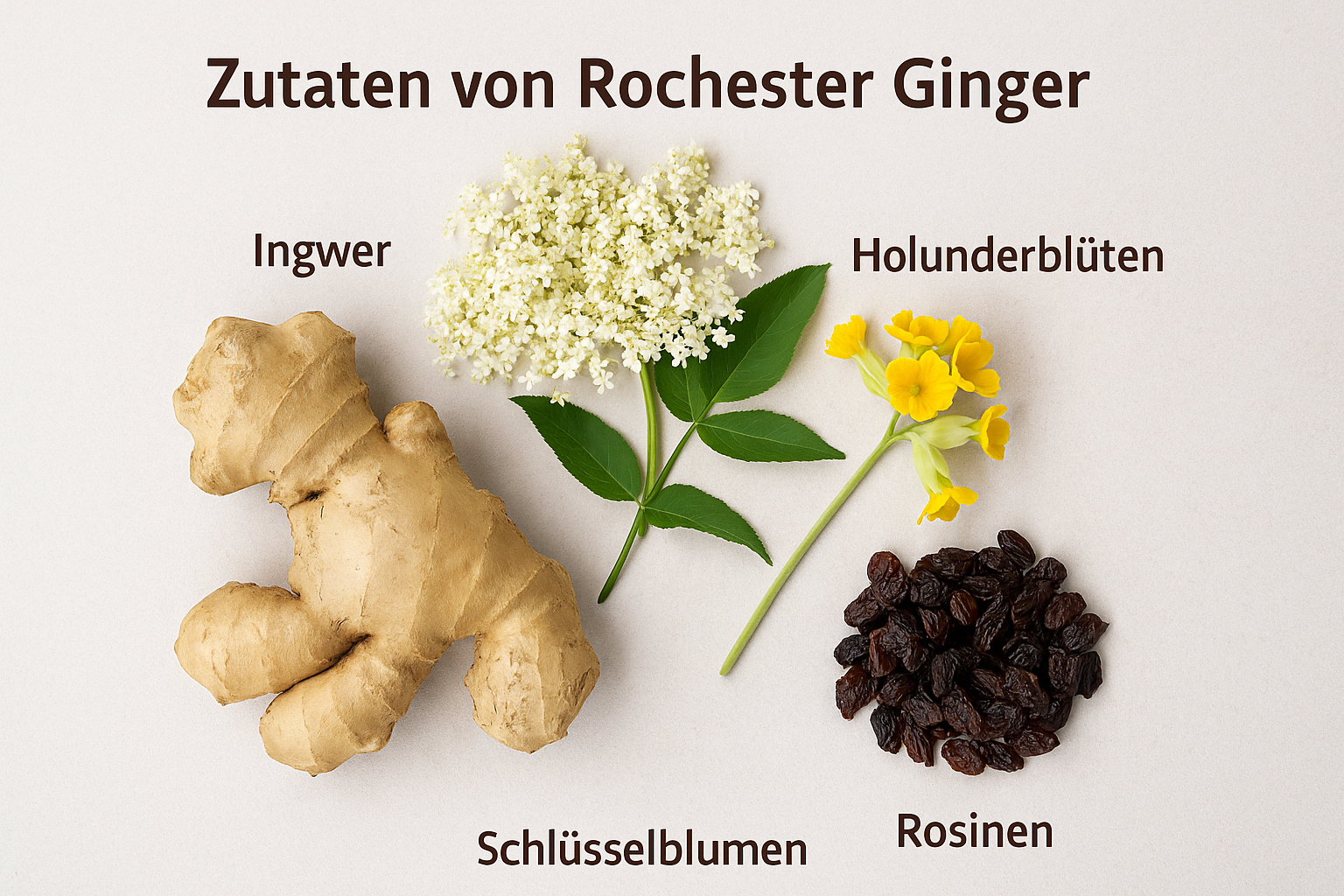 Detail: frischer Ingwer, Holunderblüten, Schlüsselblumen und Rosinen